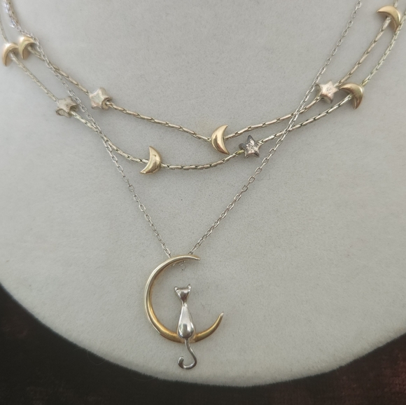 Sterling Celestial Cat Moon and Stars Necklace Set - Picture 2 of 3